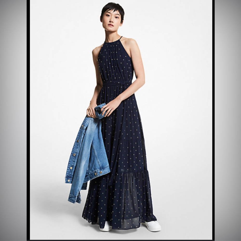 Grommeted georgette halter dress